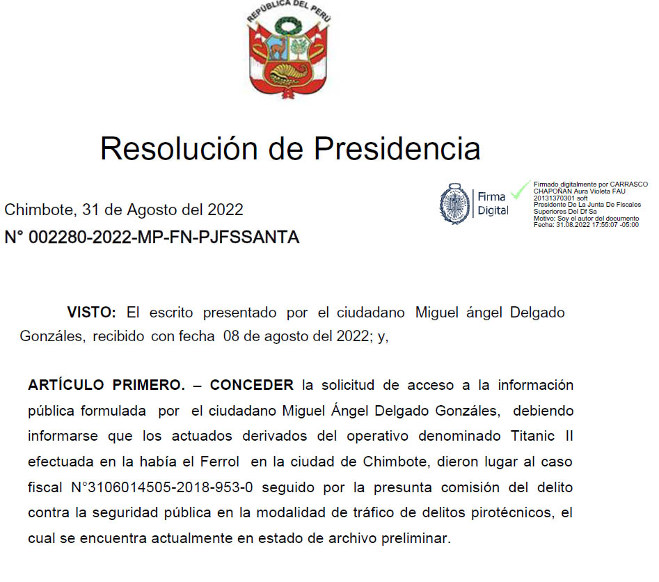 RESOLUCION PRESIDENCIA FISCALIA REPUBLICADEPERU AFAVORDEMIGUELDEGADO
