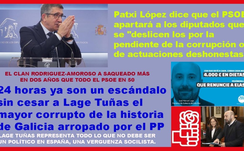 Sr Pachi López, le comunicamos directamente y por este medio que 24 horas ya son un escándalo sin cesar a Lage Tuñas el mayor corrupto de la historia arropado por el PP.