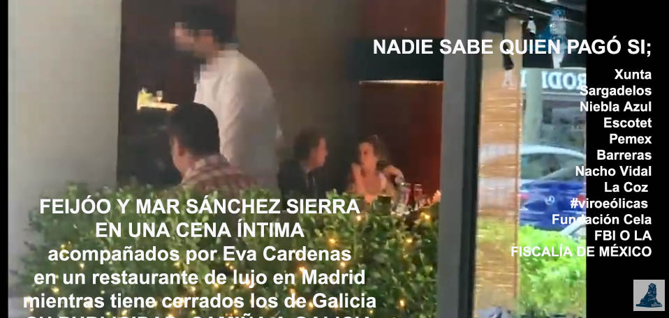 Mar sanchez Sierra de "escopeta nacional" vigilando a Feijóo y Eva Cardenas  bajo el "vicio y la lujuria" del comer en el sitio más caro de Madrid. |  Xornal Galicia